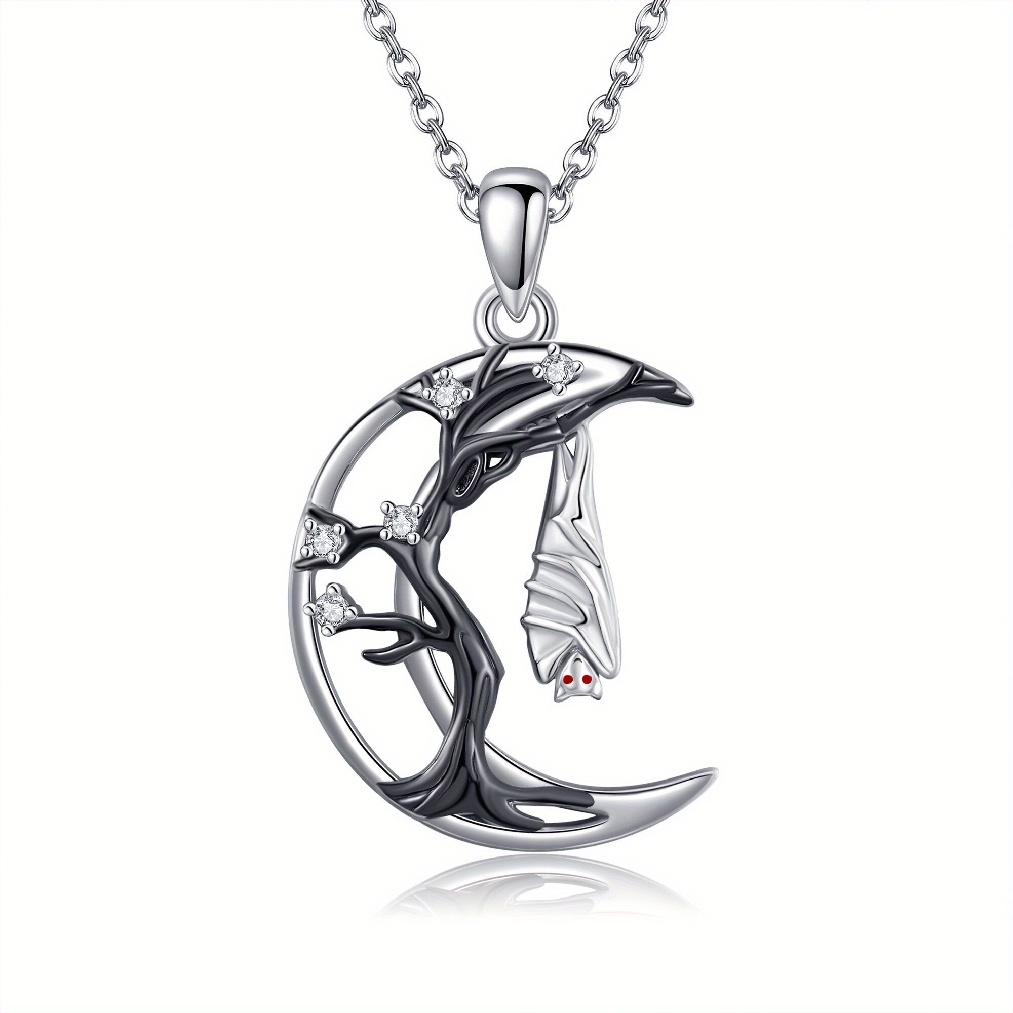 Sterling Silver Bat Moon Pendant Necklace Gothic Halloween Jewelry